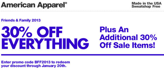 American Apparel Friends & Family Sale - 30 Off Everything (Until Jan 20)