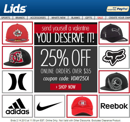 Lids Valentine's Day Sale - 25 Off Online Orders Over $35 (Feb 14)