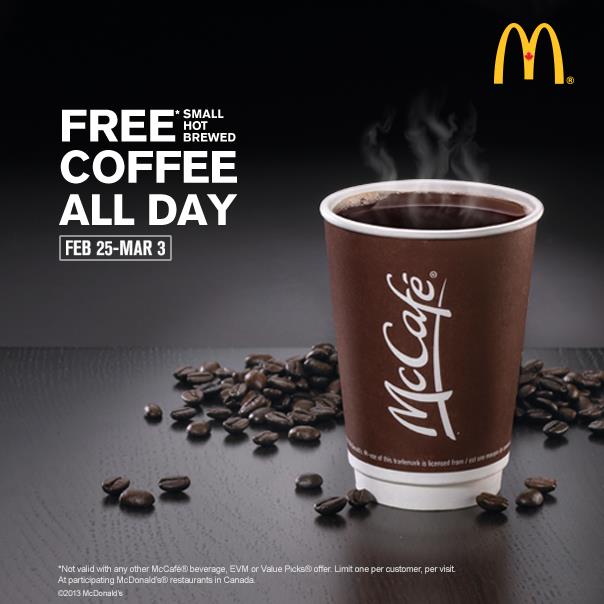 McDonalds FREE Small Hot Brewed Coffee All Day (Feb 25- Mar 3)