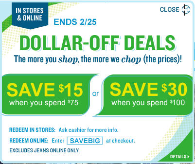 Old Navy Save $15 when you Spend $75, OR $30 when you Spend $100 (Feb 23-25)