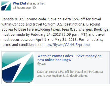 WestJet Save an Extra 15 Off Flights within Canada and to US (Book by Feb 24)