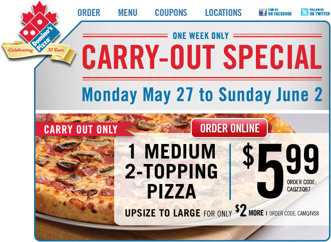 Domino's Pizza Carry-Out Special $5.99 for Medium 2-Topping Pizza or $7.99 for Large (Until June 2)