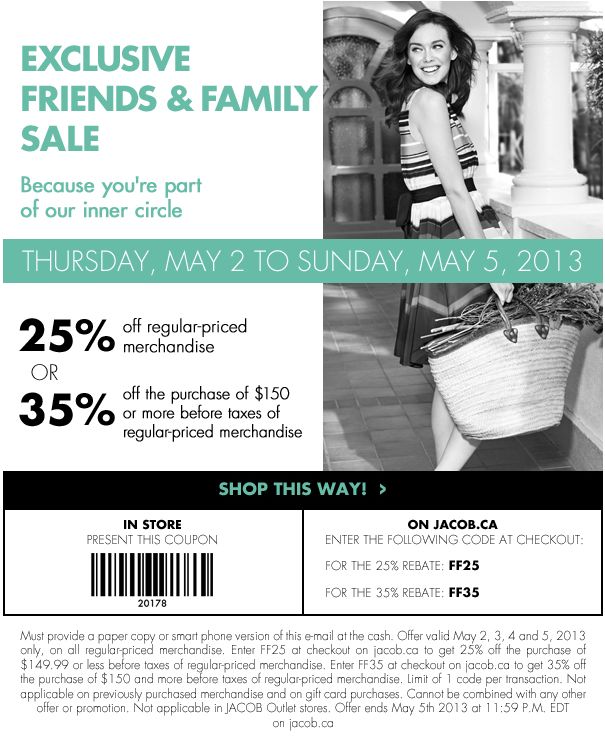 Jacob Friends & Family Sale - Save 25 or 35 Off Regular-Priced Merchandise (Until May 5)