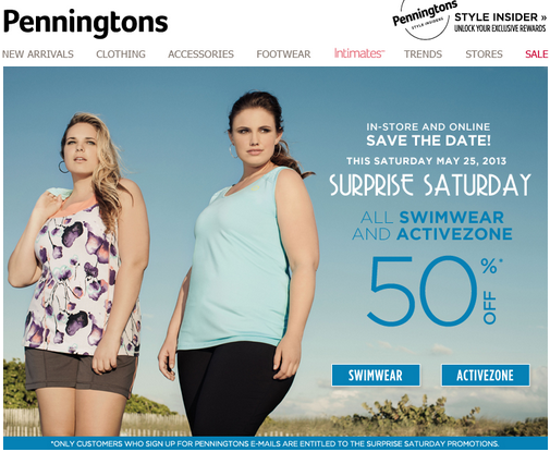 Penningtons Surprise Saturday Sale - 50 Off All Swimwear & Activezone (May 25)