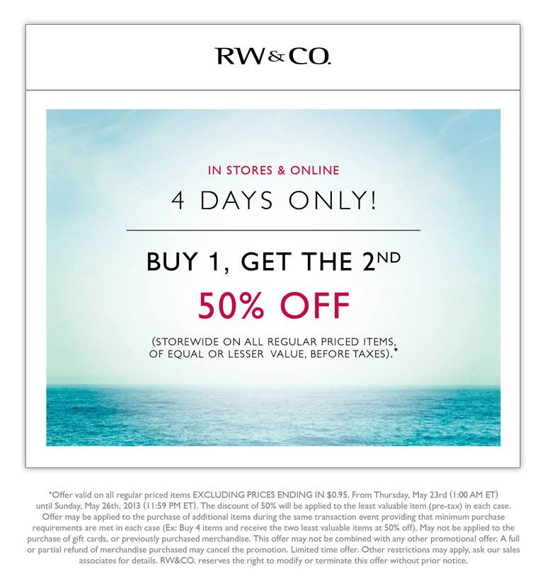 RW&CO BOGO Sale - Buy 1, Get the 2nd at 50 Off (Until May 26)