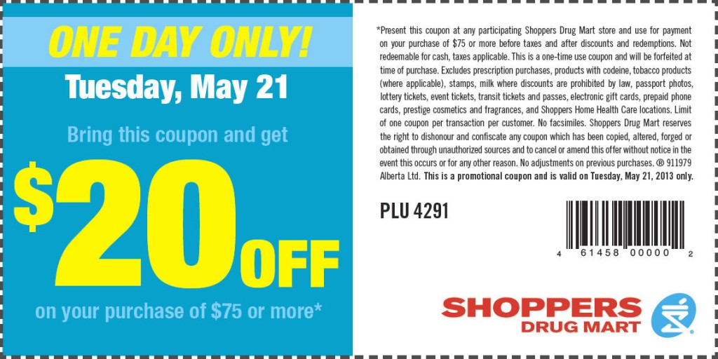 Shoppers Drug Mart $20 Off Coupon on Your Purchase of $75 (May 21)