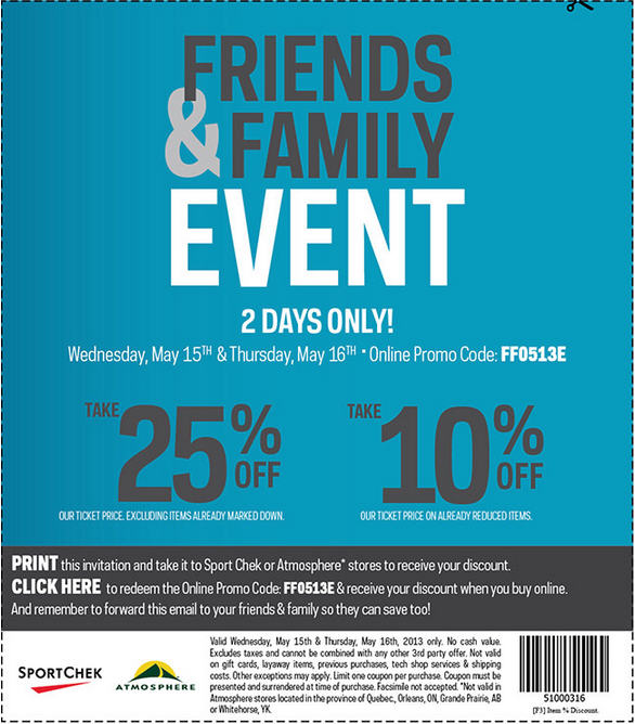 Sport Chek Friends & Family Event - 25 Off Regular Priced Items, 10 Off Sale Items (May 15-16)