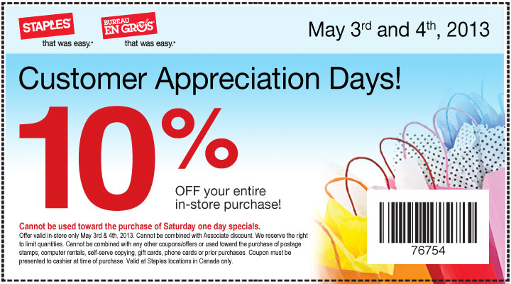 Staples Customer Appreciation Days - 10 Off Your Entire In-Store Purchase (May 3-4)