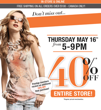 Suzy Shier 40 Off Entire Store (May 16 from 5-9 PM)