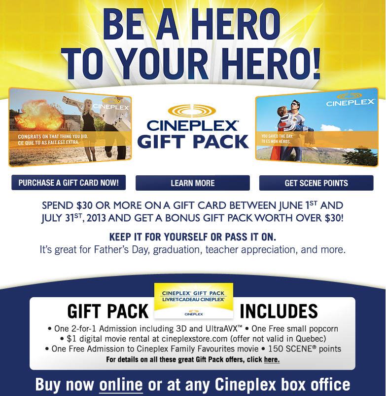 Cineplex Spend $30 on a Gift Card, Get a Bonus Gift Pack Worth $30 (Until July 31)