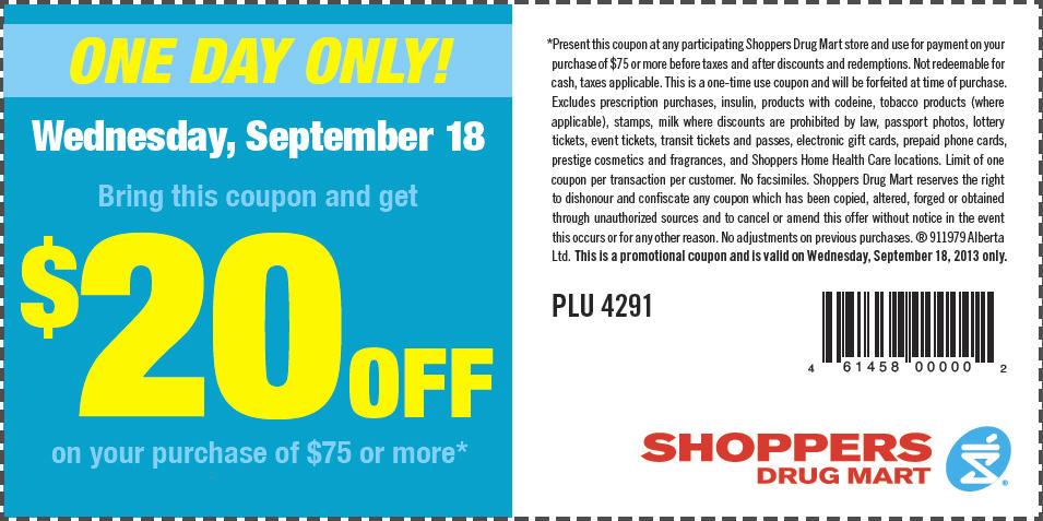 Shoppers Drug Mart $20 Off Coupon when you Spend $75 (Sept 18)