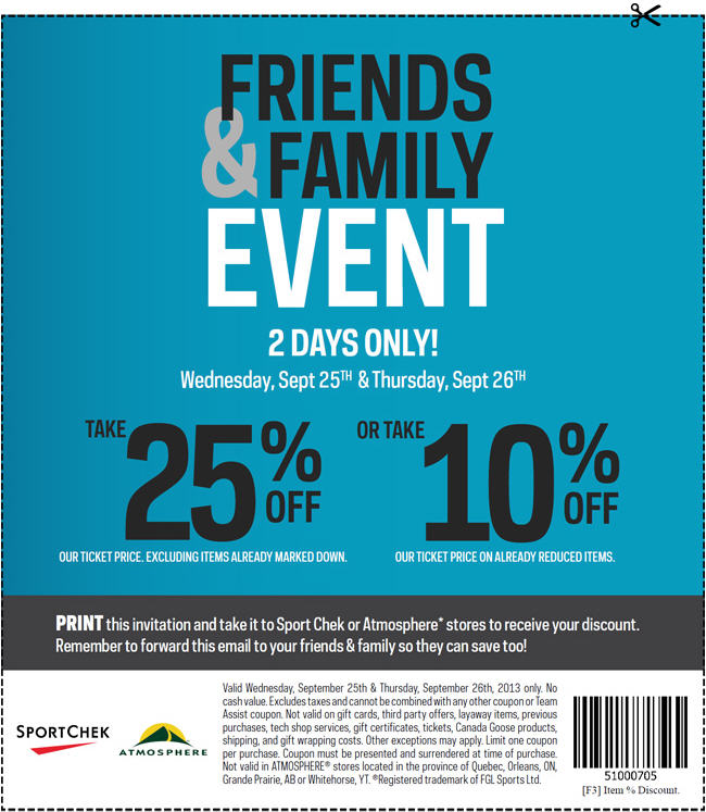 Sport Chek Friends & Family Event - 25 Off Regular Priced Items, 10 Off Sale Items (Sept 25-26)