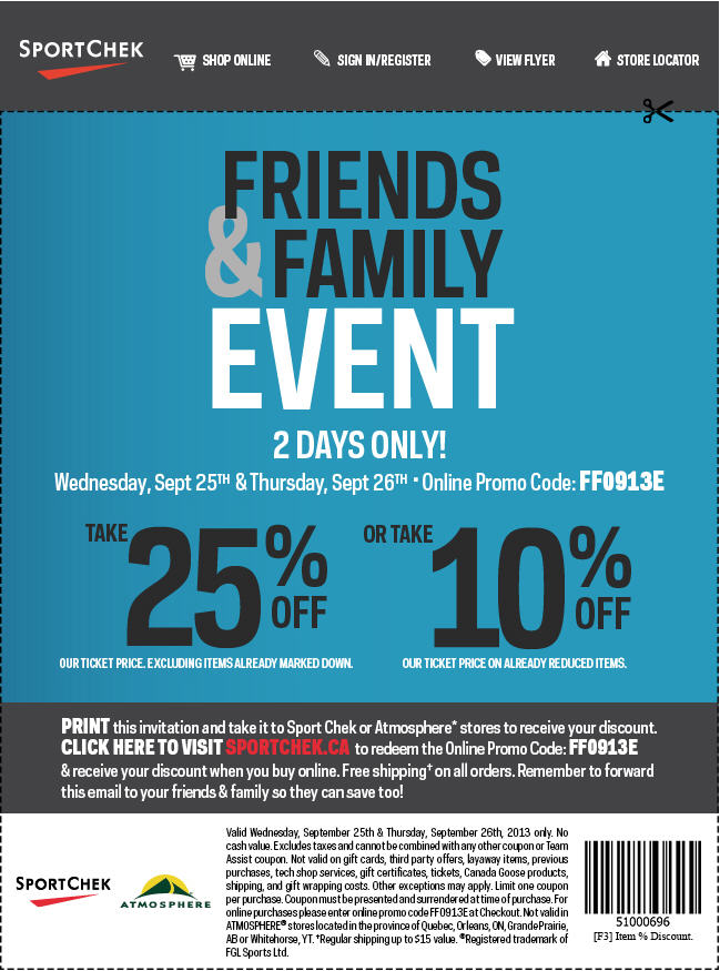 Sport Chek Friends and Family Event - 25 Off Regular Priced Items 10 Off Sale Items (Sept 25-26)