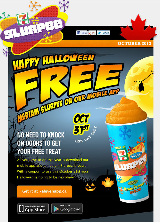 7 Eleven Happy Halloween - FREE Medium Slurpee with Mobile App Coupon (Oct 31)