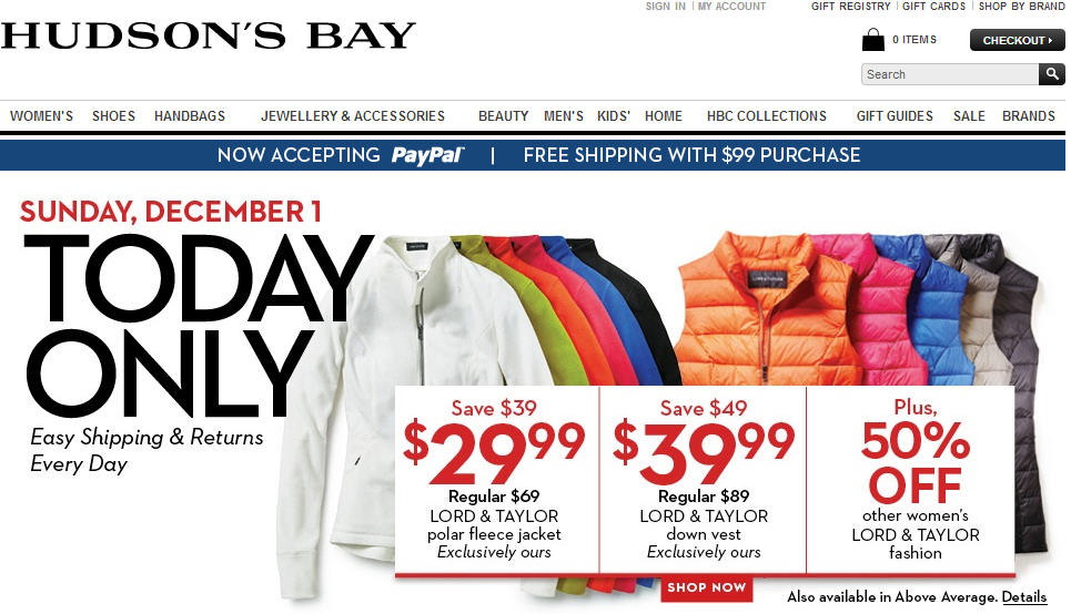 Hudson's Bay One Day Sales - $29.99 for Lord & Taylor Polar Fleece Jacket + Black Friday Weekend Sale (Dec 1)
