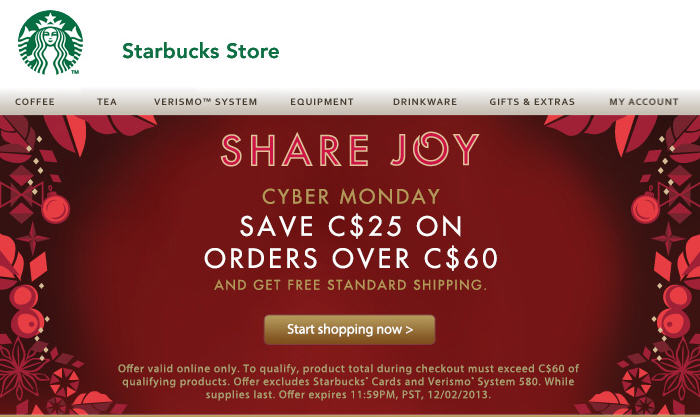 StarbuckStore Cyber Monday - $25 Off Orders Over $60 + Free Shipping (Dec 2)